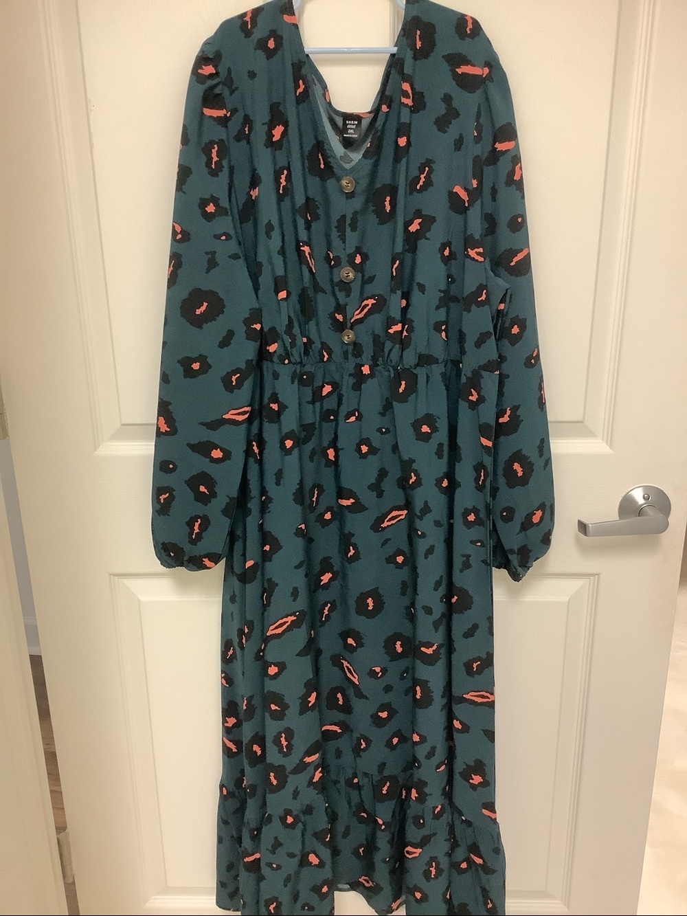 SHEIN Teal Button-Front Dress with Coral and Black Spot Print